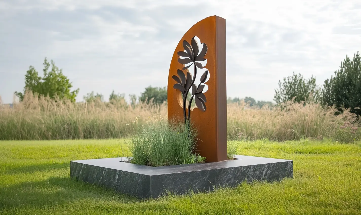 Grafsteen cortenstaal bloemen